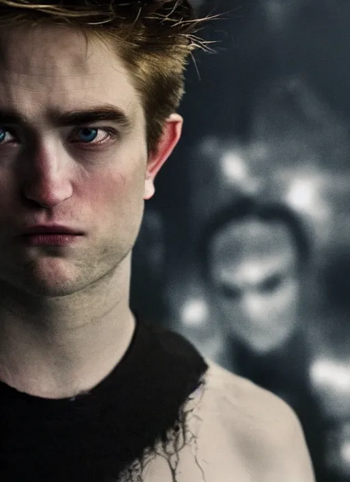 Image similar to scary shot of the sandman with pale skin and black messy hair, robert pattinson, looking back at camera in godlike and villainous way, while eyes shine like white stars above, haunting face, female face, oil painting