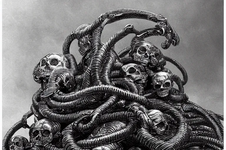 Image similar to metallic skull atop pile of coiled steel cable, style by caspar david friedrich and wayne barlowe and ted nasmith.