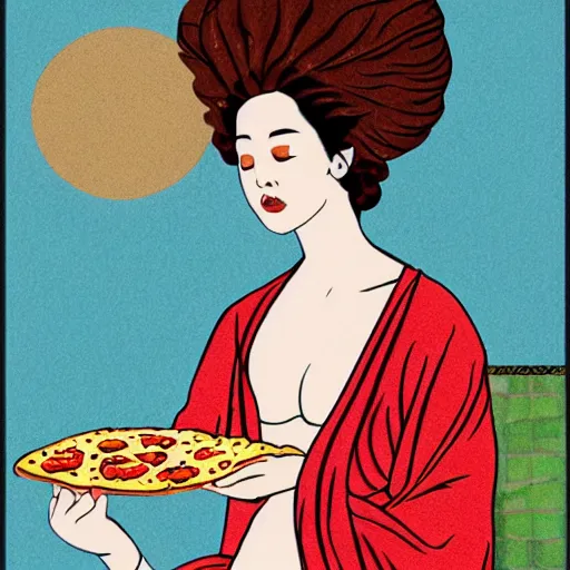 Image similar to afrodita in kimono eating pizza, greek mythology art