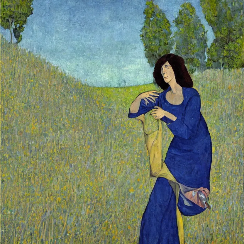 Prompt: a painted portrait of a women outdoors, art by felice casorati, aesthetically pleasing and harmonious natural colors, expressionism, fine day, mid shot portrait