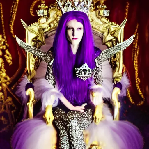 Prompt: A 4k photo of a skinny evil princess woman with purple hair wearing a diamond crown, sitting in a throne in a blackout room. Low light