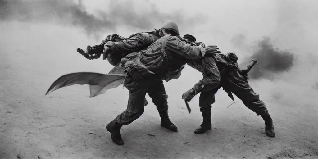 Prompt: Dragon fights a world war 2 marine, frightening, ghastly, photorealistic, old film, 35mm film, found film, scary, ominous,, by bruce davidson, on hasselblaad