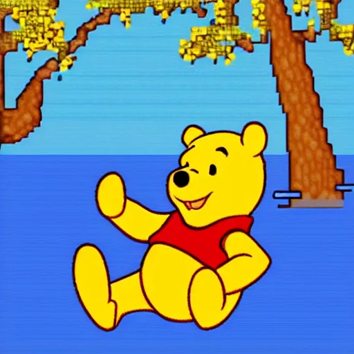Prompt: Winnie the Pooh, pixel art, lounging on the beach
