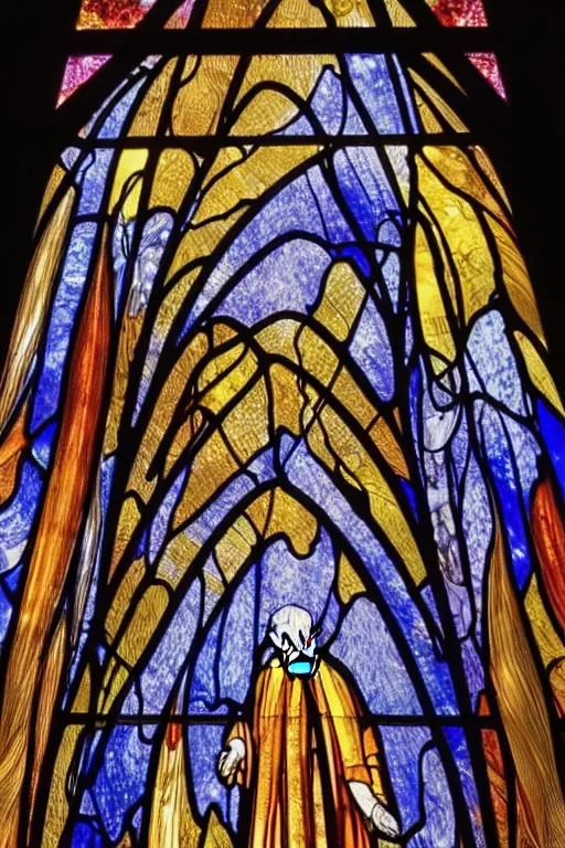 Prompt: still of glass work of walter white in church stained glass, scene set in a church, biblical, mythological, by harvey littleton, by vera liskova, by lino tagliapietra, by dale chihuly, beautiful composition, 8 5 mm, f. 1 4