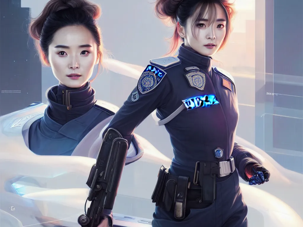 Image similar to portrait futuristic swiss police uniform female yang mi, at future neon light rooftop, ssci - fi and fantasy, intricate and very very beautiful and elegant, highly detailed, digital painting, artstation, concept art, smooth and sharp focus, illustration, art by tan zi and ayanamikodon and alphonse mucha and wlop