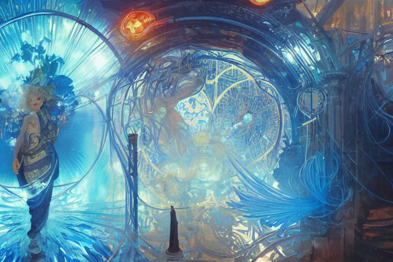 Prompt: arcs of blue flame intertwined with water, glinting particles of ice, dramatic lighting, steampunk, bright neon, holographic secret cyphers, red flowers, solar flares, intricate art by alphonse mucha and greg rutkowski