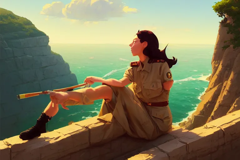 Image similar to a painting of a military woman sitting on a cliff, smoking a cigarette, a character portrait by rhads, makoto shinkai and lois van baarle, ilya kuvshinov, rossdraws global illumination and tom bagshaw, cg society, fantastic realism, intricate, detailed