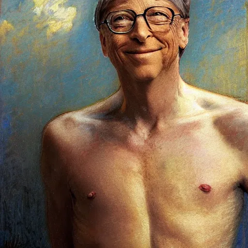 Prompt: Bill Gates with an shredded, toned, inverted triangle body type, painting by Gaston Bussiere, Craig Mullins, XF IQ4, 150MP, 50mm, F1.4, ISO 200, 1/160s, natural light