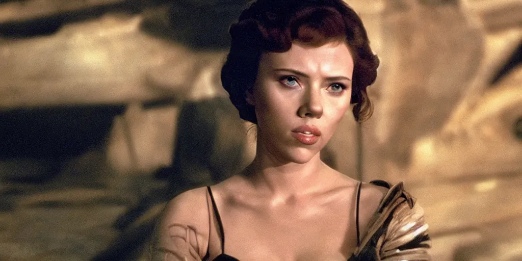 Prompt: a still of Scarlett Johansson on tatooin in Star Wars (1977)