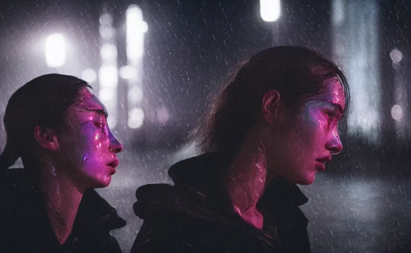 Prompt: cinestill 5 0 d candid photographic portrait by stanley kubrick of two loving female androids sobbing wearing rugged black mesh techwear in treacherous city waters, medium closeup, retrofuturism cyberpunk moody emotional cinematic, pouring iridescent rain bright spotlight, 8 k, hd, high resolution, 3 5 mm, f / 3 2, ultra realistic faces, ex machina