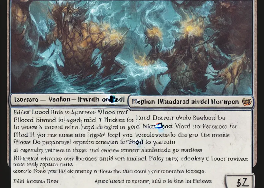 Image similar to flood warden. magic the gathering card. full mtg card