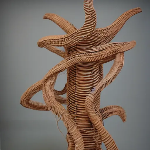 Image similar to tentacles made of brown corrugated cardboard, cut out of cardboard, realistic photography, fantasy