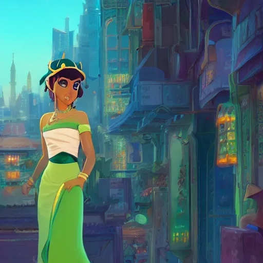 Image similar to portrait of princess tiana, middle eastern city background, rich vivid colors, ambient lighting, dynamic lighting, 4k, official media, anime key visual, makoto shinkai, ilya kuvshinov, lois van baarle, rossdraws, detailed, trending on artstation