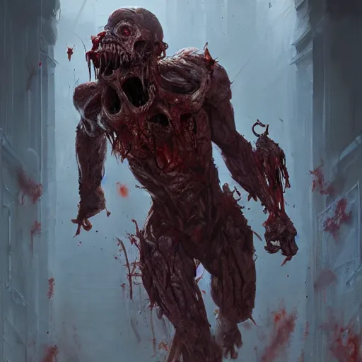 Prompt: zombie from doom eternal, tubes spliced to the body, front view, painted by stanley lau, painted by greg rutkowski, painted by stanley, artgerm, masterpiece, digital art, trending on arts