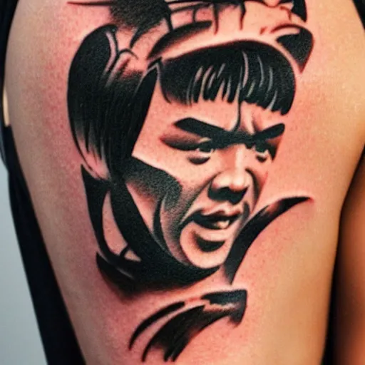 Prompt: a tattoo of a caricature of Bruce Lee