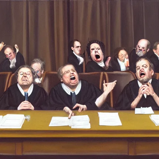 Prompt: The US Supreme Court justices screaming in existential dread, by Francis Bacon