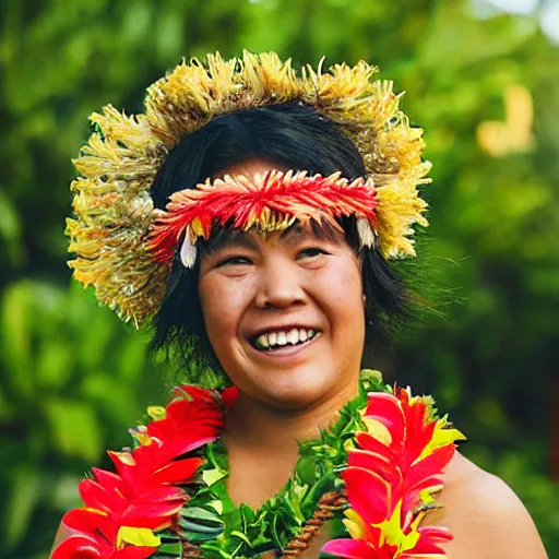 Prompt: Hawaiin Woman, photo, traditional