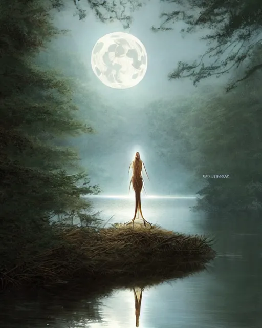 Prompt: 'lady of the lake' raising excalibur in the middle of a lake under a giant full moon, rippling reflections, trees and falling leaves, art by Raymond Swaziland and Greg Rutkowski, D&D, high fantasy, romantic, highly detailed, digital painting, trending on artstation, concept art, golden ratio, sharp focus, masterpiece