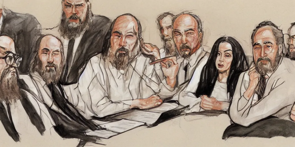 Prompt: Confucius and jury trial, a few suits afar, in the american courtroom sketch by Christine Cornell by Batton Lash by John M. Downs by Leo Hershfield, judge with face of clint eastwood, concept art