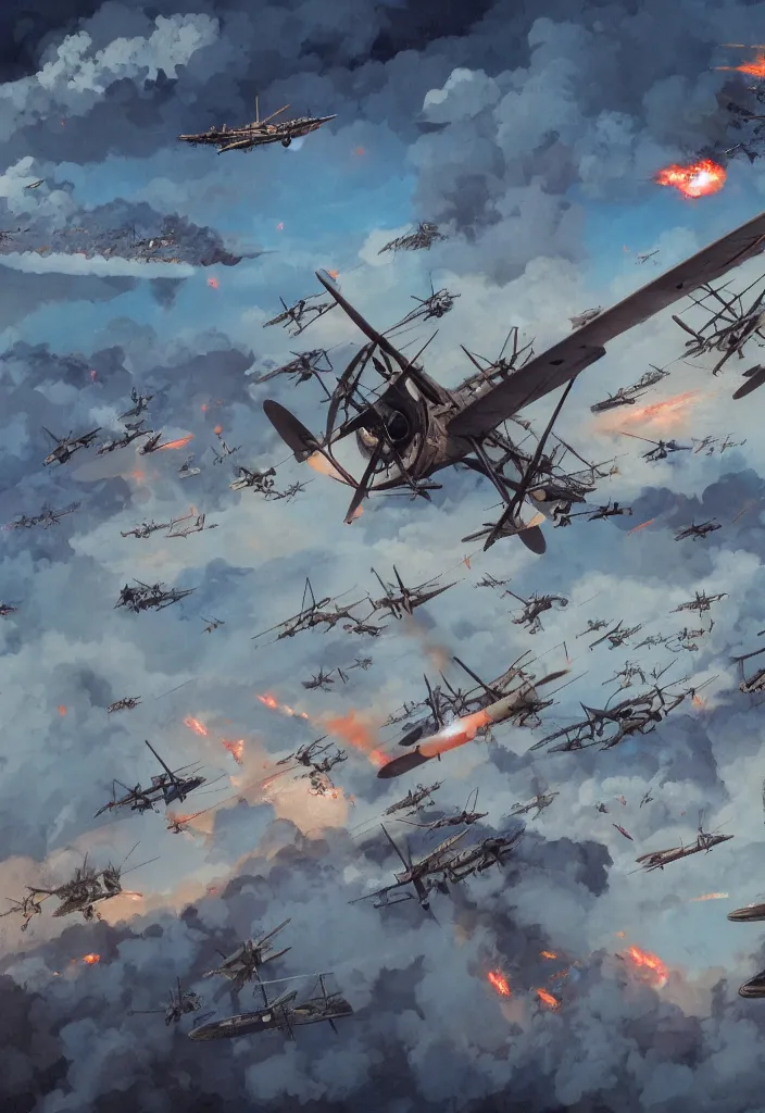 Image similar to handmade illustration of an epic World War I air scene with only two 1914 airplanes fighting, some smoke and fire, blue sky with dramatic clouds, line art, ballpoint, oil on canvas by Kilian Eng and by Jake Parker, heavy brushstrokes, winning-award masterpiece, fantastic, octane render, 8K HD Resolution, High quality image