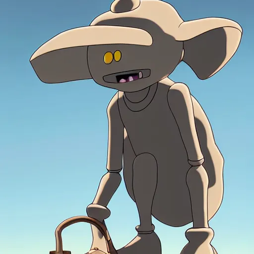 Prompt: a study of cell shaded cartoon of a grey robot baboon from howl's moving castle ( 2 0 0 4 ) on a desert road, full body, wide shot, very muted colors, post grunge, studio ghibli, laurie greasley, highly detailed, deviantart, art by artgem