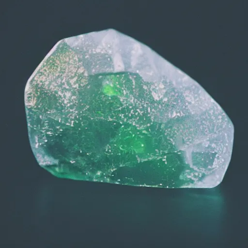 Prompt: photo of rare transparent rock with green glow, cinestill, 800t, 35mm, full-HD