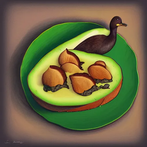 Prompt: A medium format portrait of a mallard duck eating a delicious avocado toast, in the style of Studio Ghibli, artstation, highly detailed, digital painting, smooth, 8k, elegant