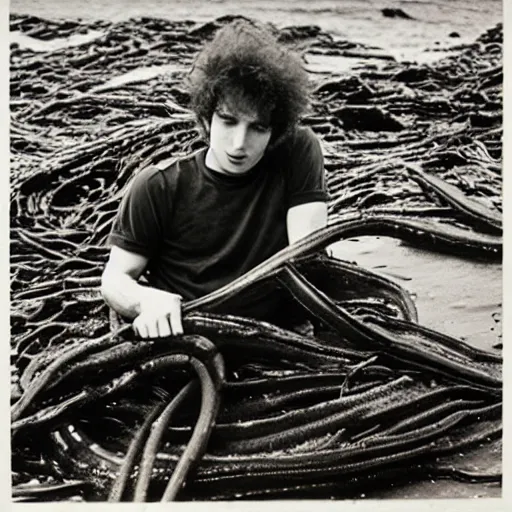 Prompt: bob dylan cradling kelp like a baby, photograph, 1 9 6 5