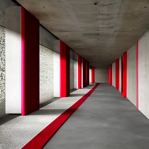 Prompt: a massive concrete hallway with a red strip of carpet down the middle, meglaphobia, surreal, liminal space,
