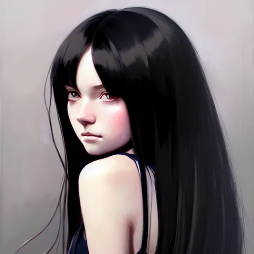 Image similar to a beautiful girl with long black hair, sharp focus, intricate, digital painting, artstation, highly detailed, ambient lighting, portrait by Studio Ghibli, artgerm, Ilya Kuvshinov, and Greg Rutkowski