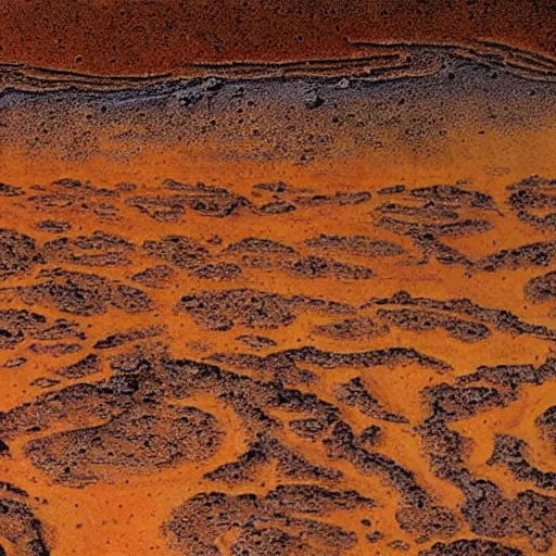 Prompt: Prehistoric Martian landscape, greenery, ocean scene, iron-rich soil on Mars