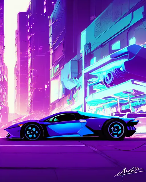 Image similar to digital illustration of cyberpunk pretty girl with blue hair, looking at a purple lamborghini, in junkyard at night, by makoto shinkai, ilya kuvshinov, lois van baarle, rossdraws, basquiat