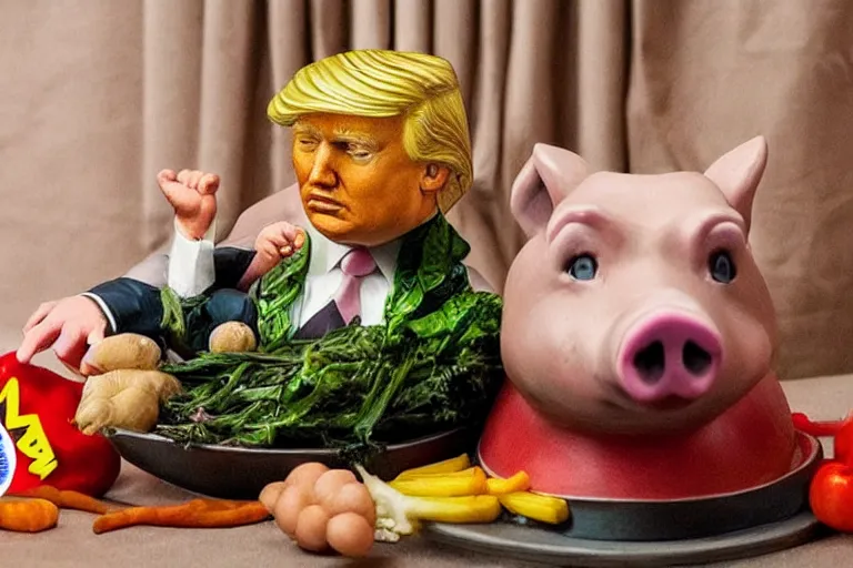 Image similar to a fake pig donald trump on top of vegetables on a table, a bronze sculpture by jeff a. menges, trending on pinterest, hyperrealism, hyper - realistic, hyper realism, playstation 5 screenshot