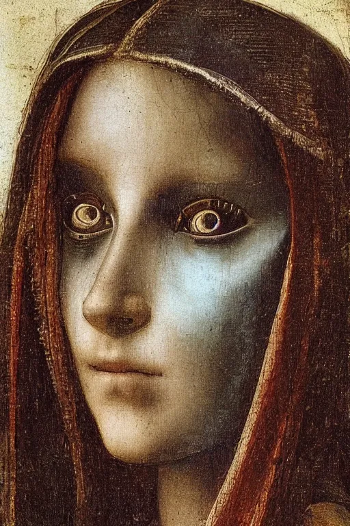 Image similar to a close - up portrait of a cyberpunk cyborg girl, by leonardo davinci, rule of thirds