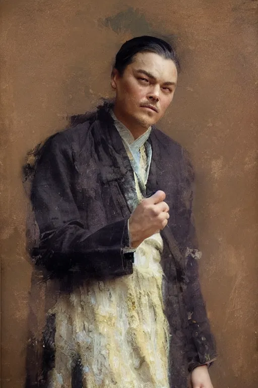 Image similar to di caprio by Solomon Joseph Solomon and Richard Schmid and Jeremy Lipking victorian genre painting full length portrait painting of 张国荣 in traditional costume