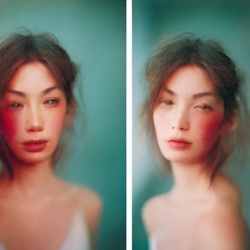 Image similar to Close-up of a gorgeous woman’s face looking at the camera, confident, holding a mirror creating refractions of colors everywhere, captured in low light and soft focus, cinestill 800t