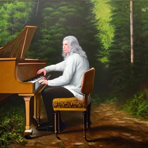 Image similar to ultra realistic painting of bach sitting on a piano inside of a forest, thick brush strokes, visible paint layers, taken from the back of bach.