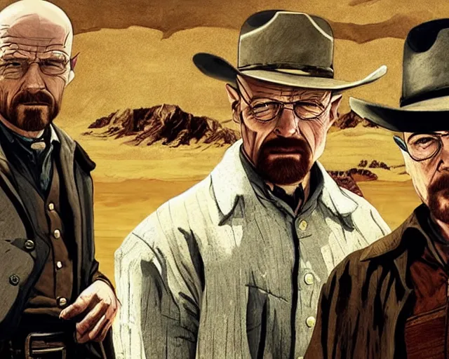 Prompt: Walter White having an old west draw with Jesse Pinkman in the style of The Good, The Bad, and the Ugly