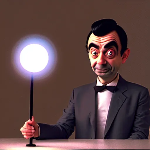 Image similar to mr. bean as a 3 d artist. movie still. cinematic lighting.