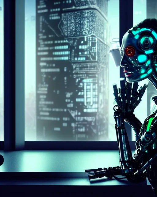 Image similar to a terminator cyborg lady with borg implants is drinking coffee near a window with dystopian city visible outside. tiny green led lights in her cybernetics. very detailed 8 k. horror cyberpunk style.