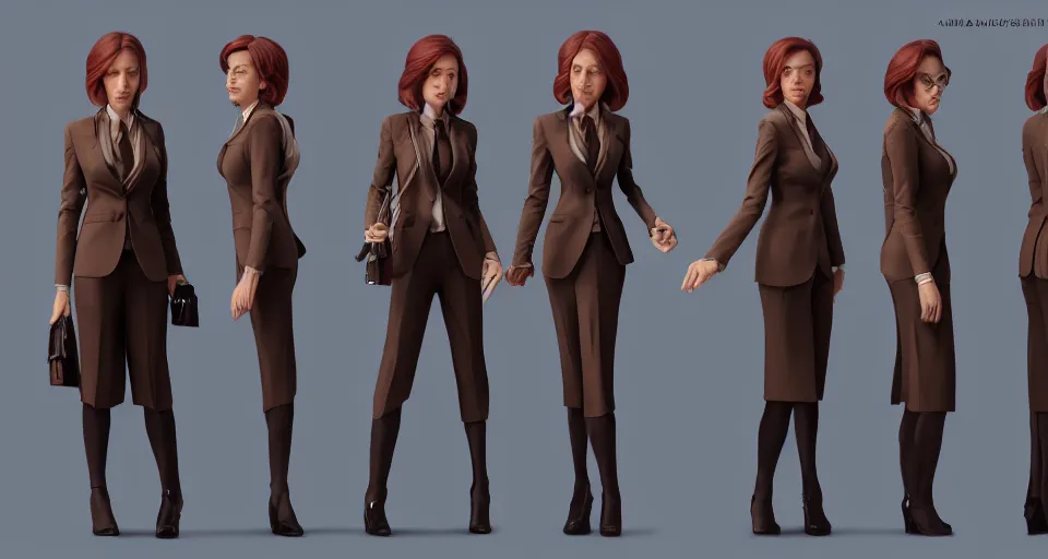 Image similar to Character concept sheet of Business Woman, hyperdetailed, artstation, cgsociety, golden hour 8k