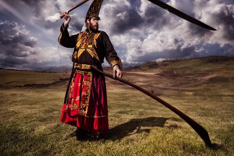 Image similar to festival on a stage, man with scythe, traditional romanian clothing, dramatic lighting, beautiful, volumetric lighting, colorful