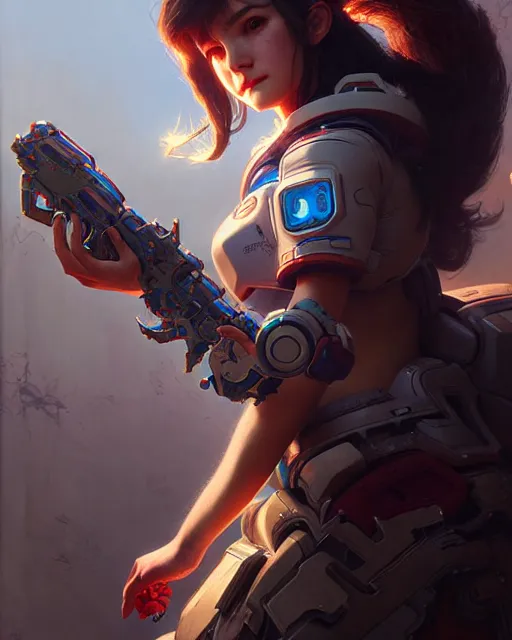 Image similar to d. va from overwatch, character portrait, concept art, intricate details, highly detailed by greg rutkowski, michael whelan and gustave dore