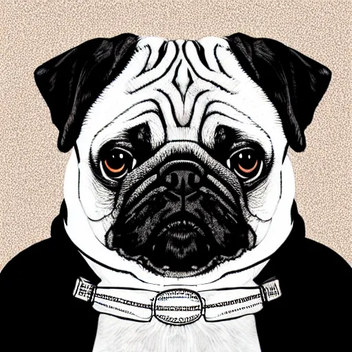 Image similar to pug dog with an emo haircut on a record cover, intricate detail, high contrast, studio photo, well lit,