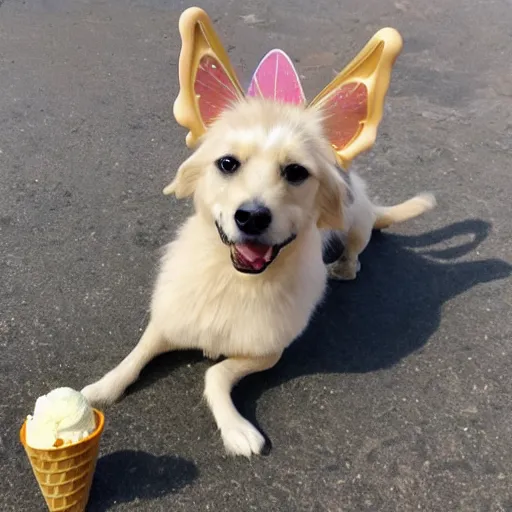 Prompt: fairy dog eating ice cream