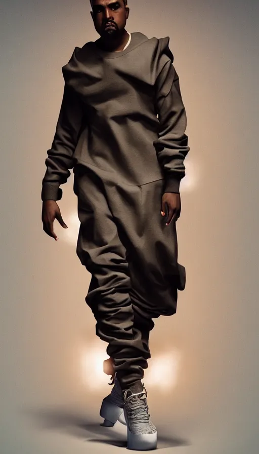 Image similar to high quality studio digital fashion art of a kanye west modelling yeezy futuristic hoddle. final product shot, all round angle. digital art, trending on artstation. marvelous designer. octane render. trending on futuristic fashion instagram.