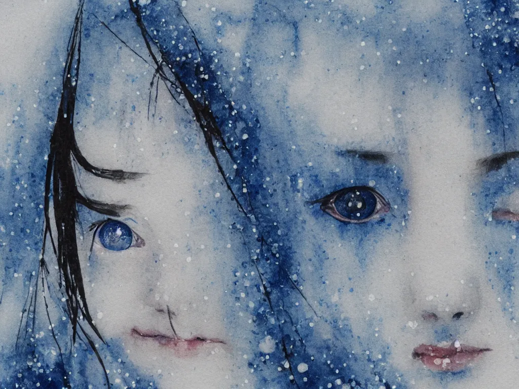 Prompt: the piercing blue eyed stare of yuki onna, freezing blue skin, blizzard in the mountains, painted in minimalist watercolor, bokeh, asymmetric, rule of thirds