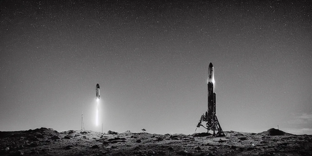 Image similar to black and white photo of a detailed rocket landing on bright mars, black background with glowing stars and satalites, cinematic film still, high contrast, astrophotography, 4 k, polaroid,