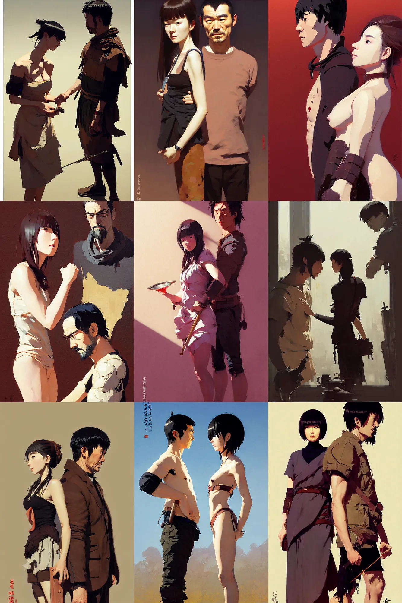 Prompt: hyper - realistic portrait of man and woman of european chalcolithic bell beaker culture, in style of pan ren wei, ilya kuvshinov, yoji shinkawa, atey ghailan, krenz cushart, by greg rutkowski, by greg tocchini, by james gilleard, by joe fenton, by kaethe butcher, grunge aesthetic