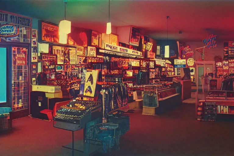 Prompt: Bigfoot shopping, inside of a 1970s music store store, neon lights, dirty, ektachrome photograph, volumetric lighting, f8 aperture, cinematic Eastman 5384 film